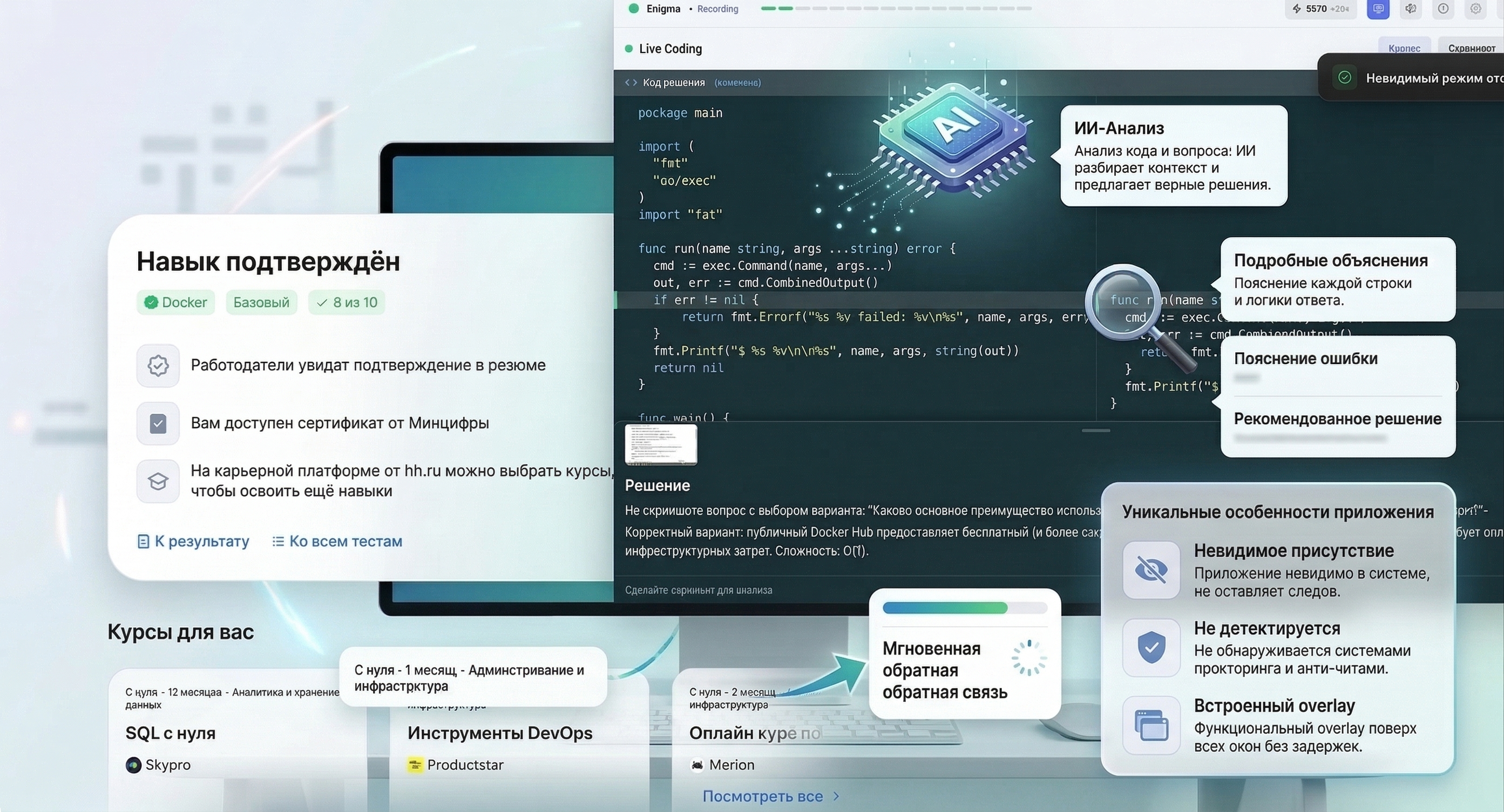 ENIGMA AI подсказывает ответы на тесты hh.ru — навык Docker подтверждён
